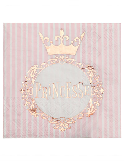 Serviettes Princesse rose gold à rayures roses et blanches avec motif de couronne