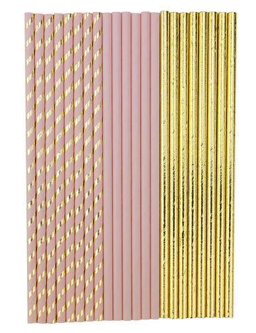 22 kartonskih slamic v pudrasto roza in zlati barvi 19,5 cm za rojstni dan