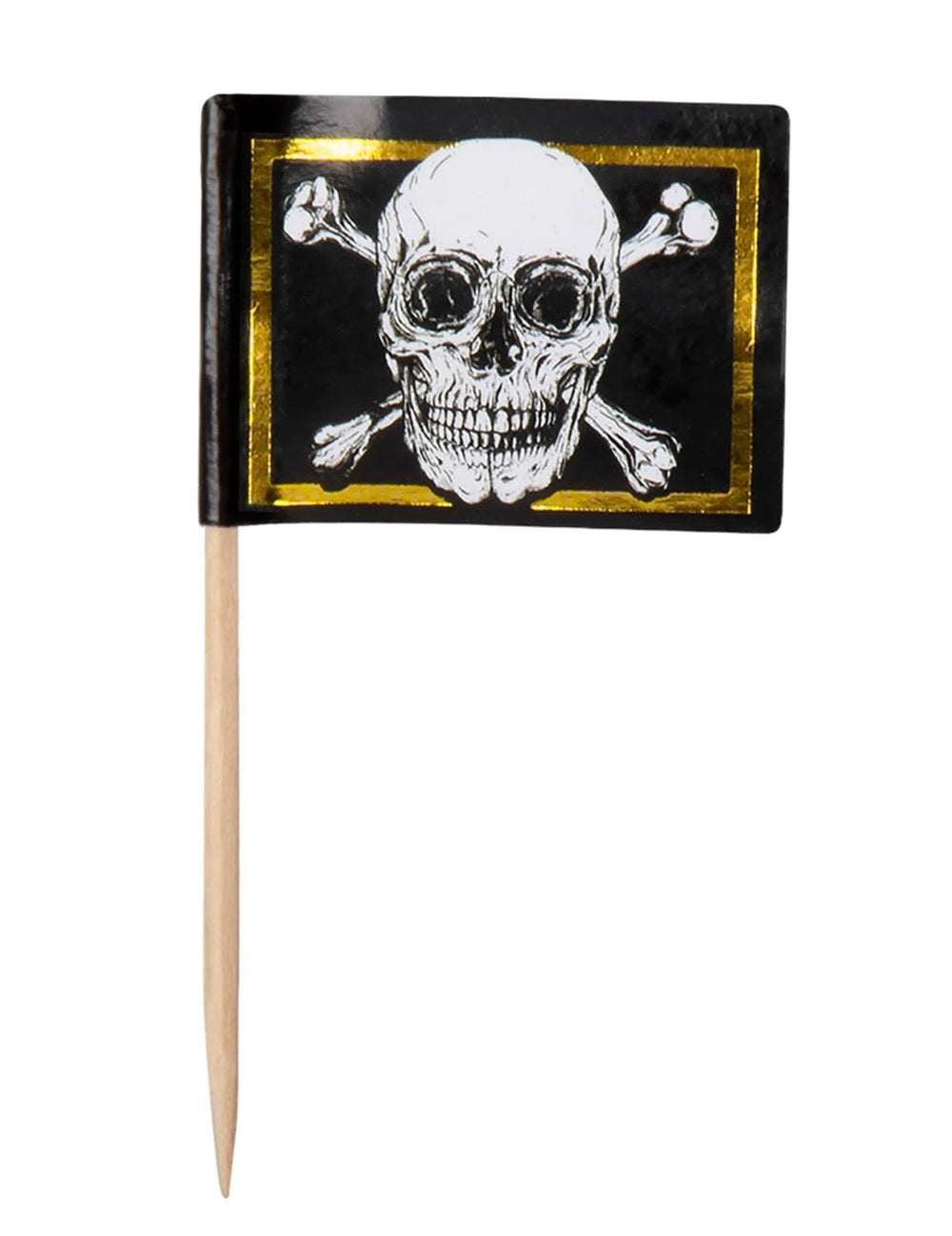 Leseni dekorativni zobotec s piratsko zastavo Jolly Roger za zabavno dekoracijo v črni in zlata barvi