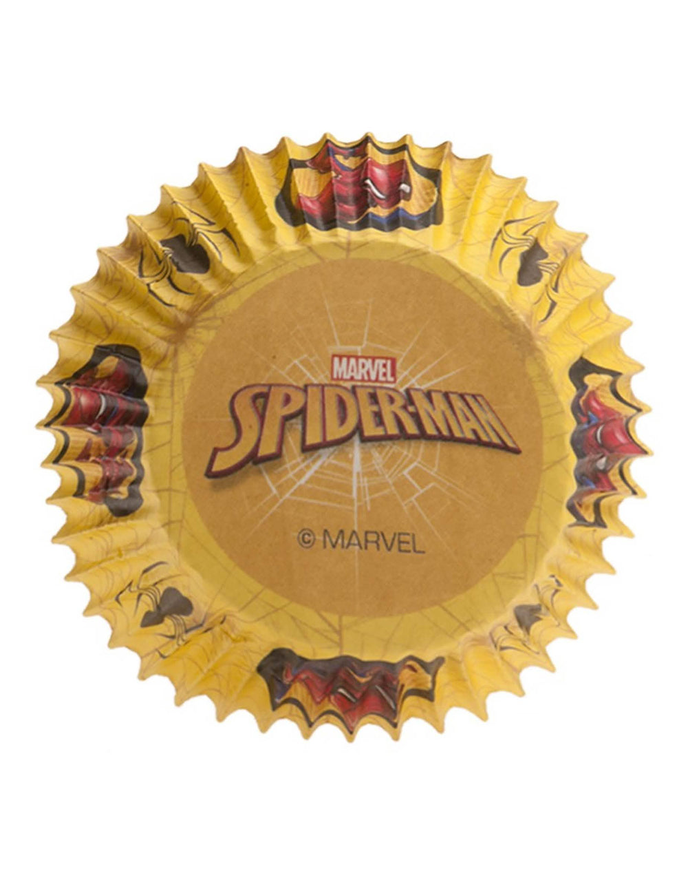 Podrobnost logotipa pod ozadjem papirnatih modelčkov za mafine Spiderman