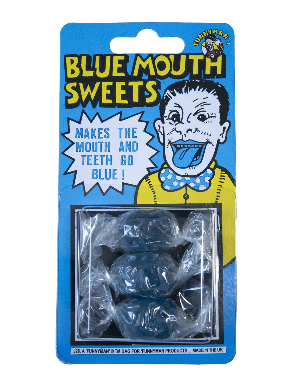 Détail de l'emballage des bonbons langue bleue farces et attrapes