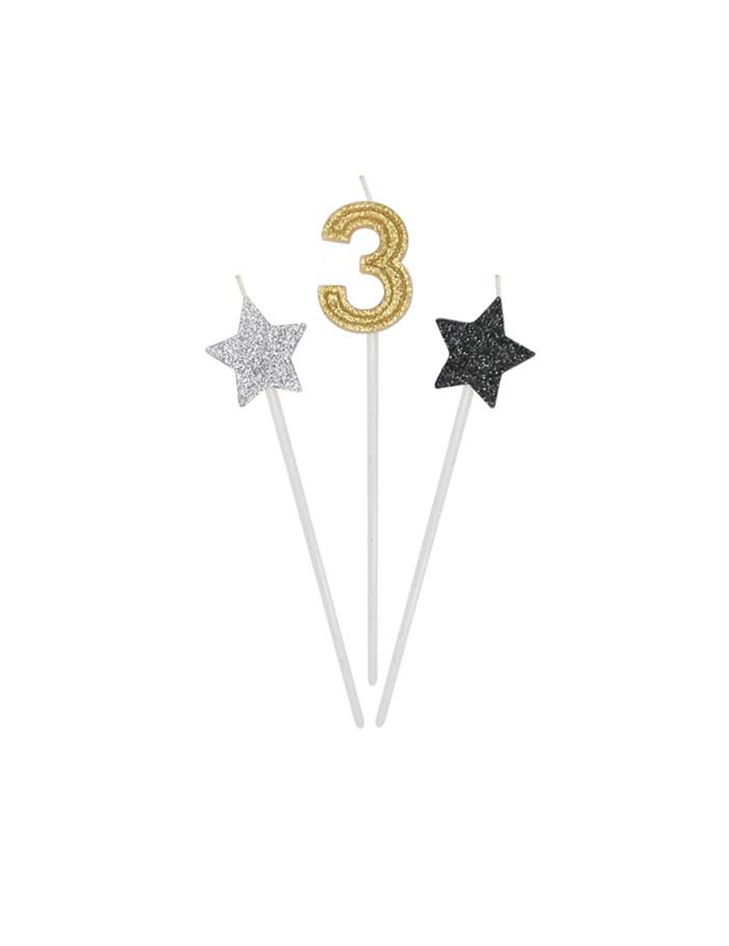 3 rojstnodnevne sveče zlati, srebrni in črni 16 cm