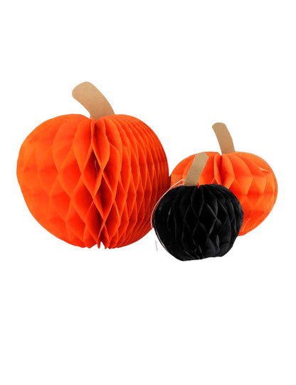 3 oranžne in črne buče iz papirja v obliki satja 10 cm 13 cm in 18 cm