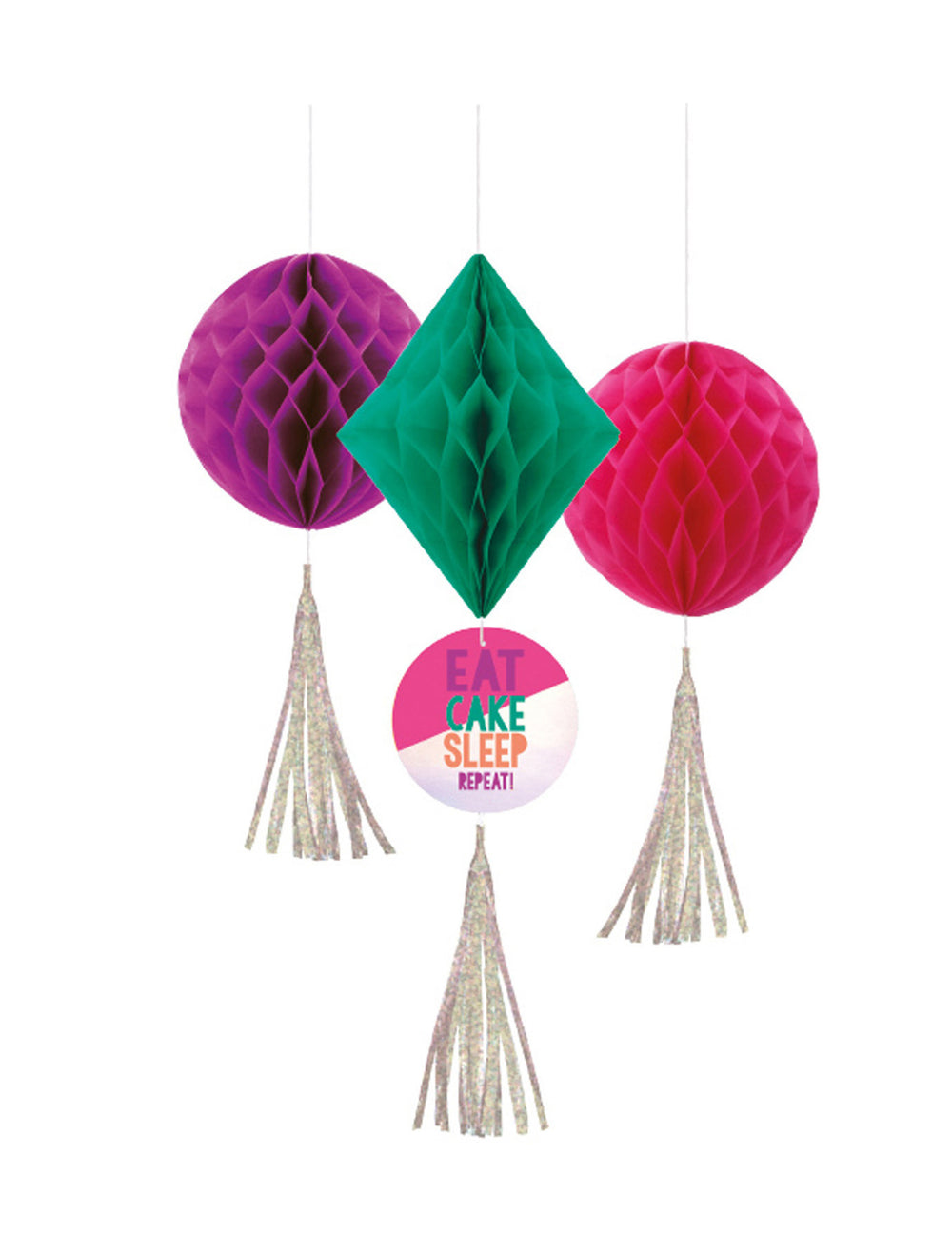 3 décorations alvéolées birthday vibes à pompons pour fête multicolores et irisées