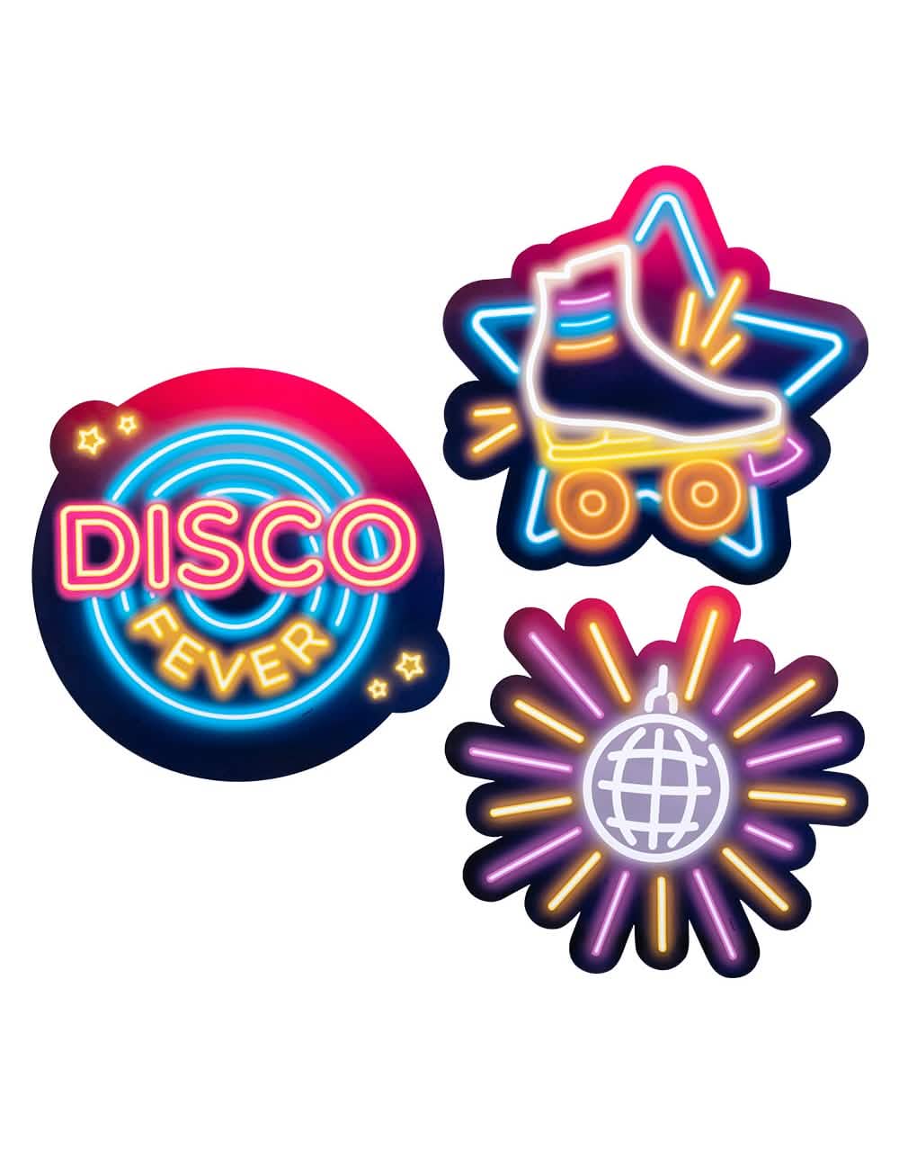 Kartonske dekoracije disco fever za zabavo z neonskim roza in modra videzom s kolesom in žogo