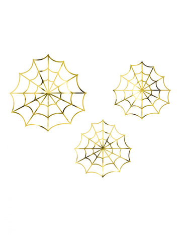3 décorations en papier toiles d'araignées dorées métallisées
