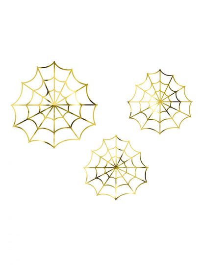 3 décorations en papier toiles d'araignées dorées métallisées