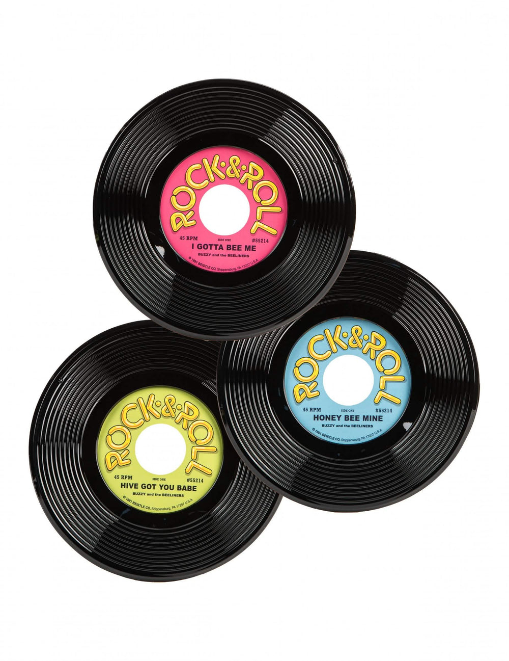 3 vinilne plošče dekoracija rock & roll za zabavo črna roza rumena in modra