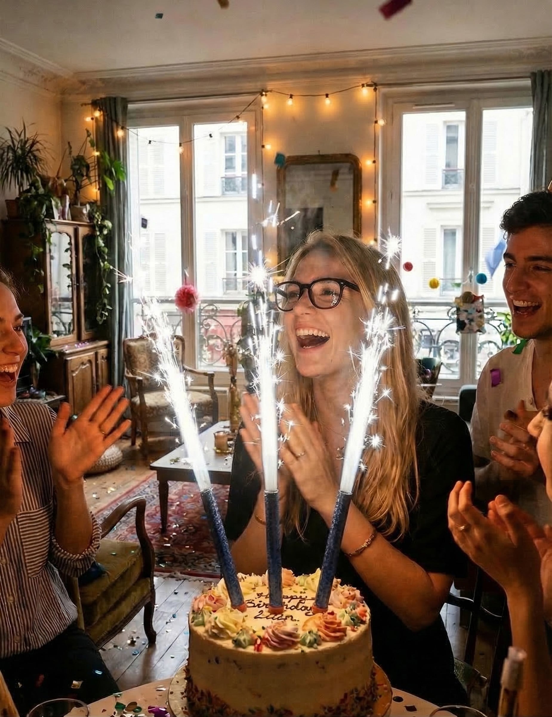 Mise en situation sur un gâteau d'anniversaire des fontaines lumineuses argentées pour fête