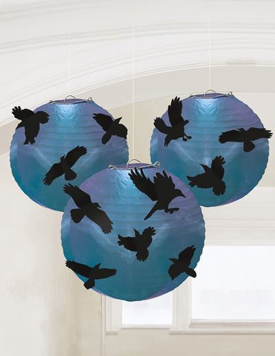 Lanternes corbeaux Boneshine fever pour Halloween bleu et violet avec silhouettes noires
