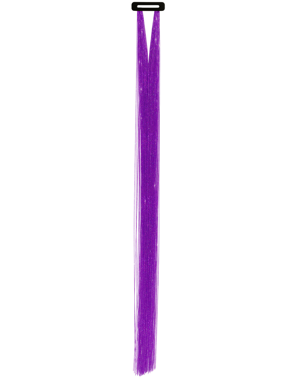 Détail du système d'attache des 3 mèches brillantes pour femme violettes