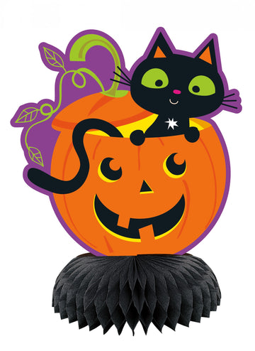 3 mini papirnati okraski v obliki satja z motivom mačke in buče 15 cm Okraski za noč čarovnic
