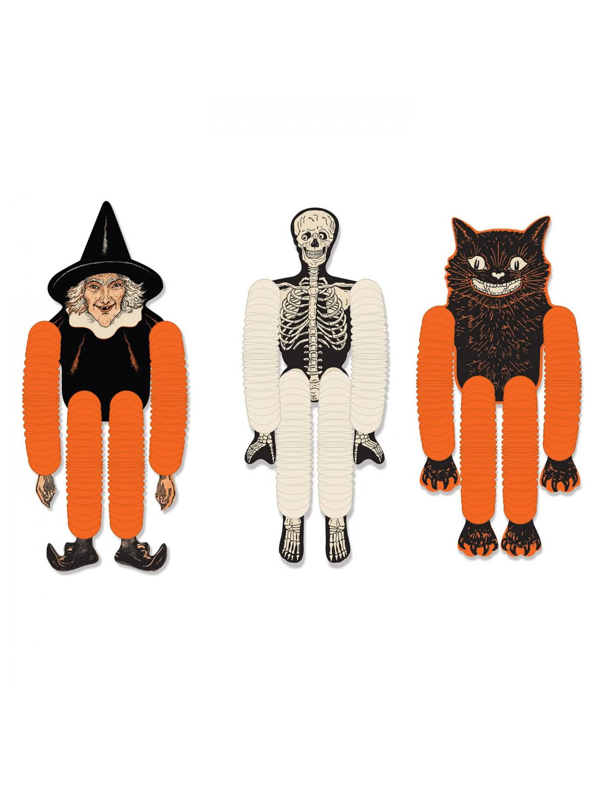 papirnate lutke za obešanje za halloween, čarovnica, okostnjak za dekoracijo oranžna, črna in belo z črno mačke