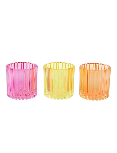 3 photophores en verre rose, orange et jaune