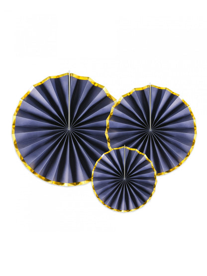 3 modre in zlate kartonske rozete 23, 32 in 40 cm za obešanje 