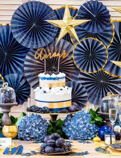 3 modre in zlate kartonske rozete 23, 32 in 40 cm za obešanje 