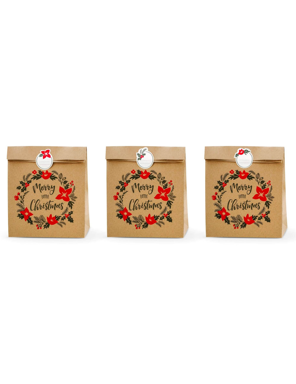 darilne vrečke Merry little christmas za božič iz rjavega kraft papirja s nalepkami