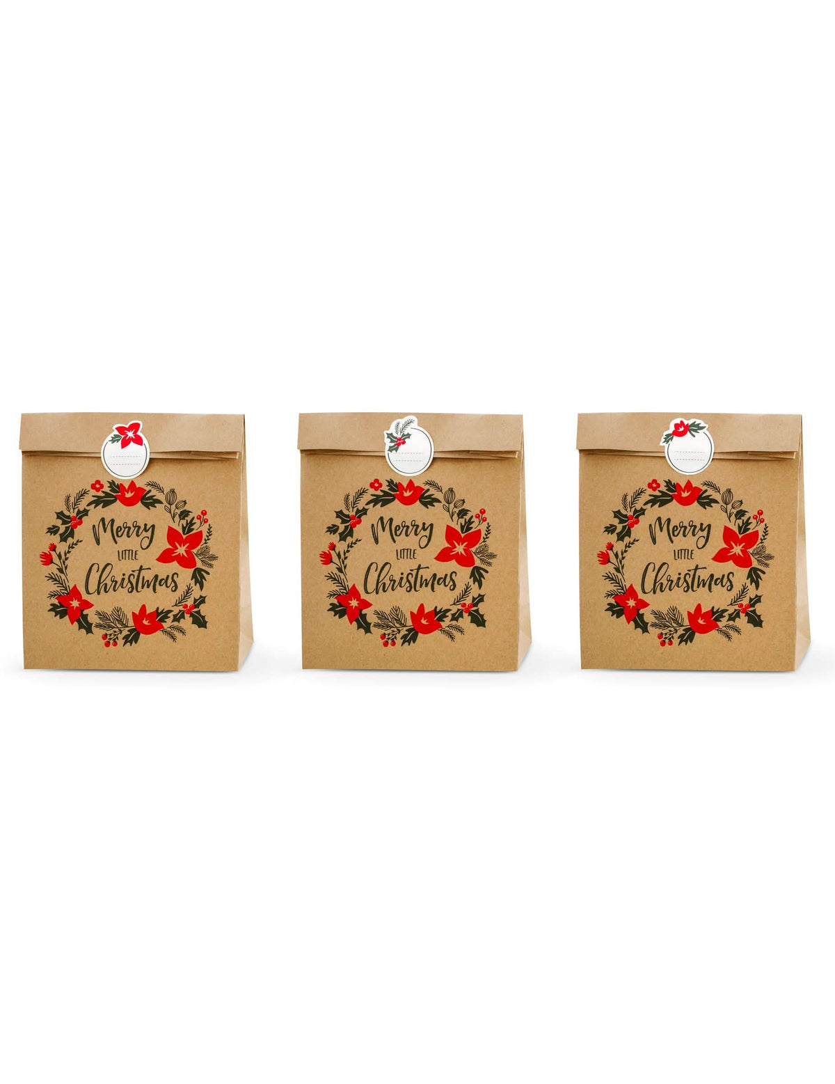 darilne vrečke Merry little christmas za božič iz rjavega kraft papirja s nalepkami