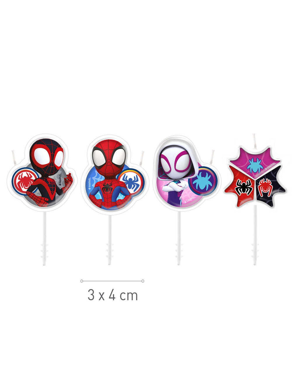 Vue d'ensemble et dimensions des 4 bougies anniversaire Spidey et ses amis
