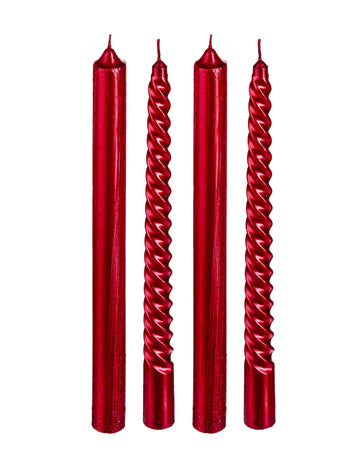 4 rdeče sveče z zlatimi bleščicami 25 cm