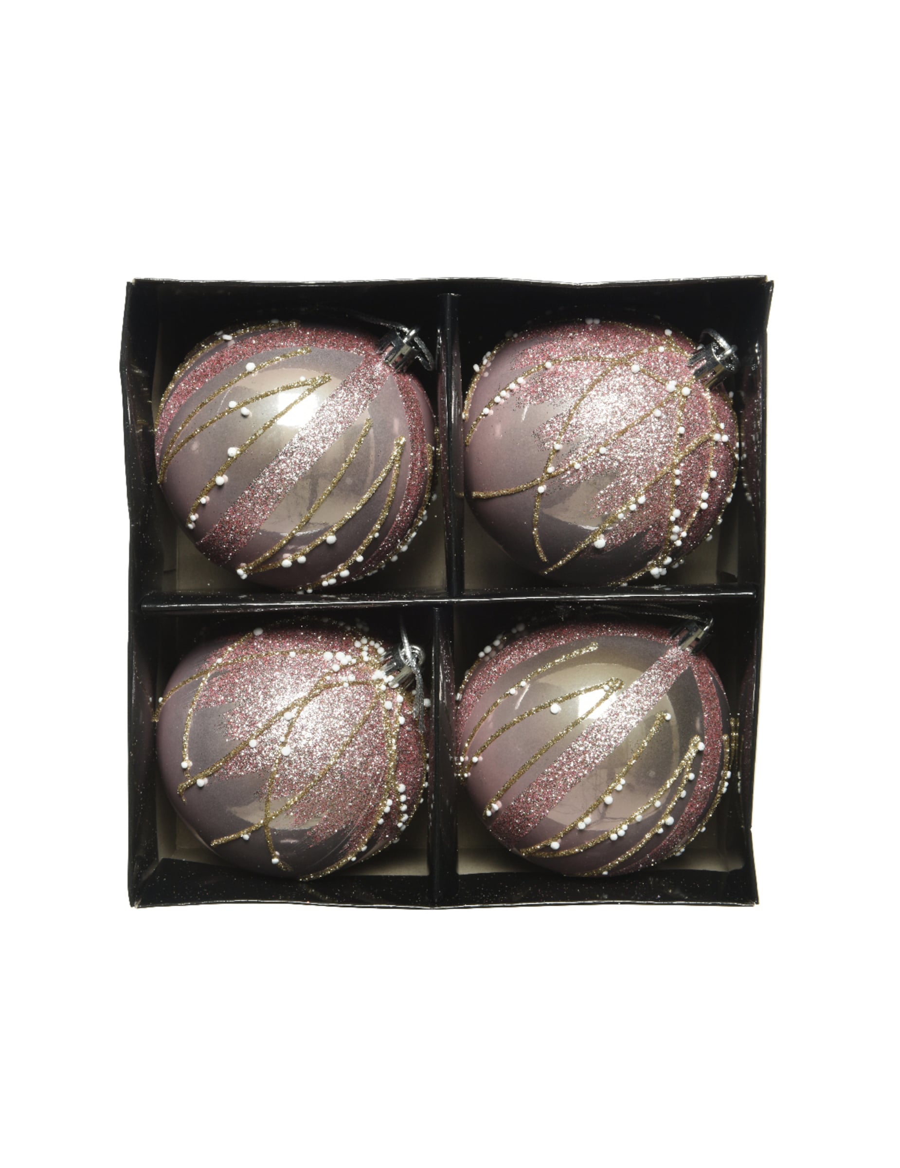 Vue dans leur boîte des boules de Noël paillettes rose et or avec perles