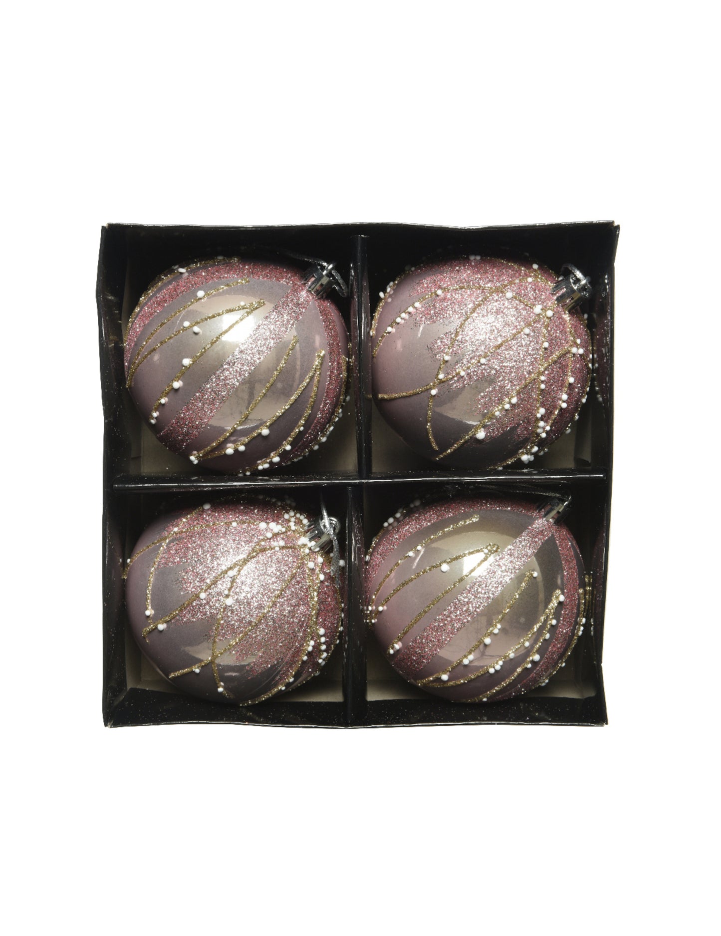 4 roza in zlate bleščeče božične kroglice 8 cm z biseri