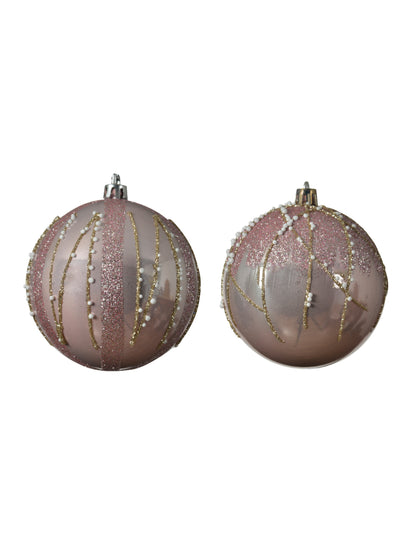 4 roza in zlate bleščeče božične kroglice 8 cm z biseri