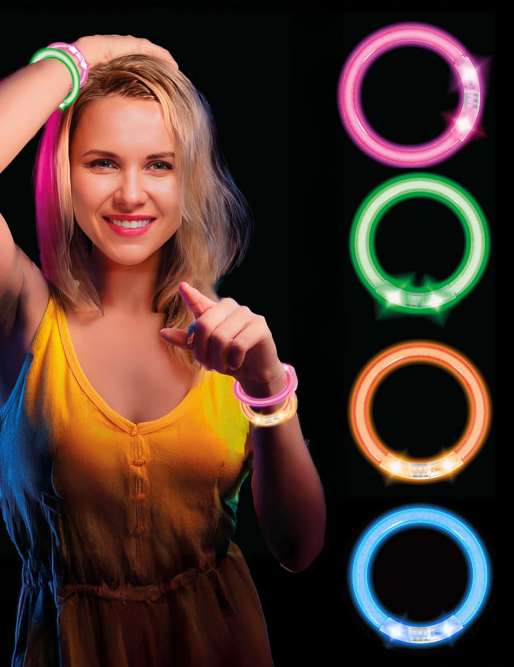 4 bracelets lumineux LED pour adulte multicolores rose vert orange et bleu