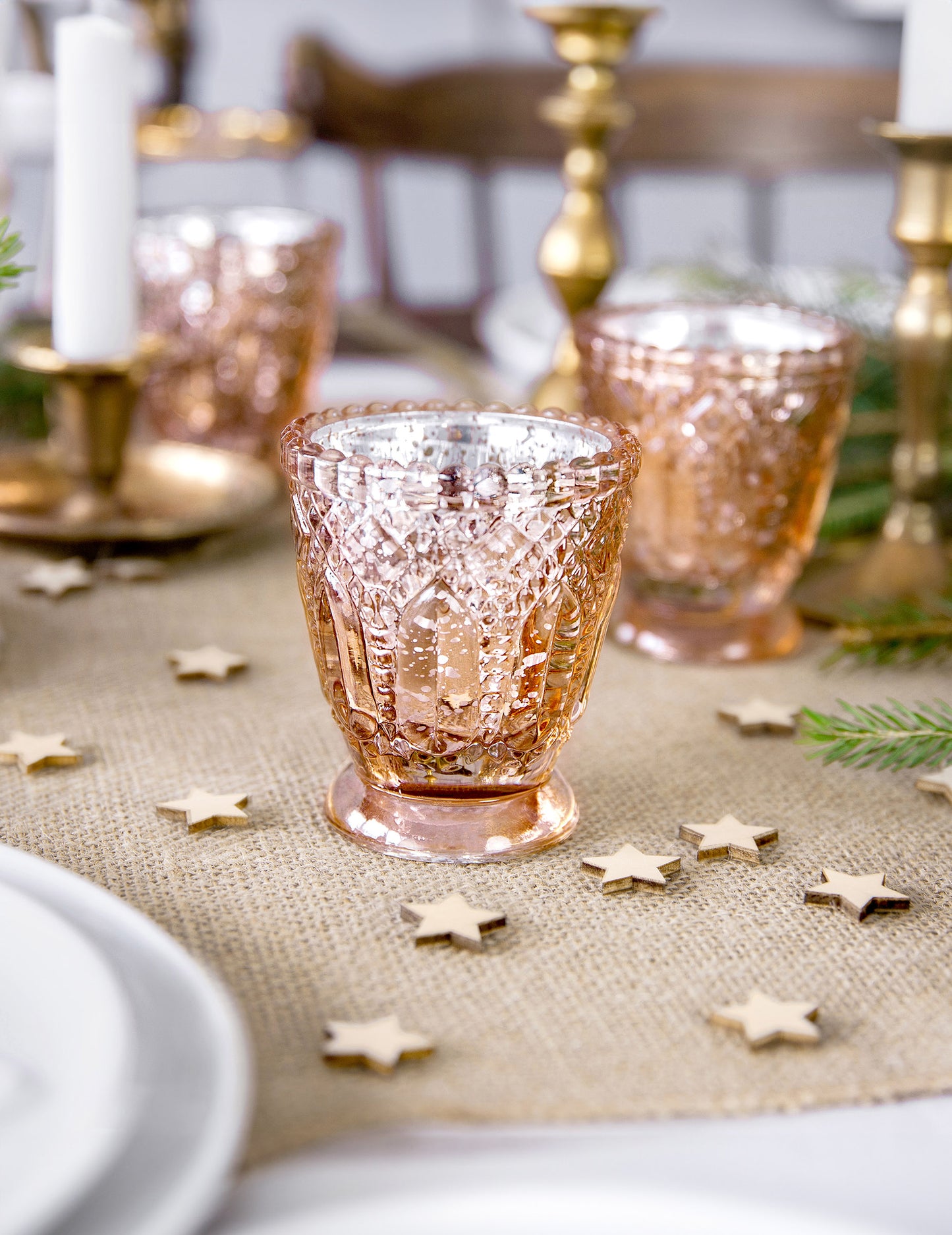 4 svečniki iz rožnatega zlata 8 cm poročna dekoracija