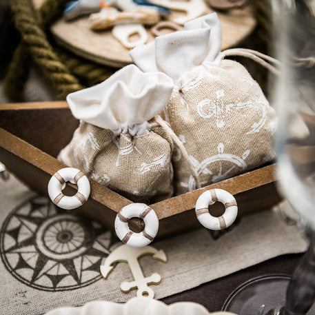 4 lanene vrečke z motivom sidra in krmila, bele, 8 x 10 cm morska tema