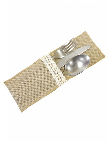4 držala za jedilni pribor z učinkom jute in bele čipke, 8,5 x 24,5 cm cm