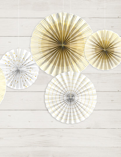 Lot de 4 rosaces décoratives en papier pour fête blanches et dorées