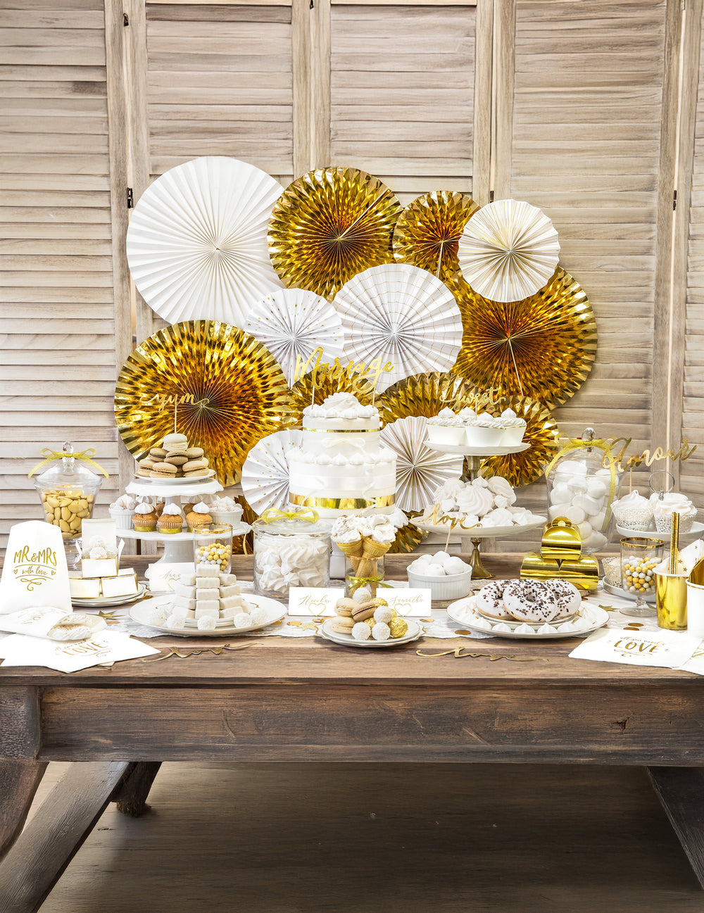 Décoration de buffet de mariage du lot de 4 rosaces décoratives en papier pour fête blanches et dorées