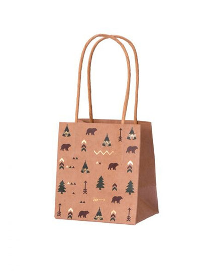 4 darilne vrečke iz kraft materiala Indian Forest, zelene, rjave in zlate obrobe, 10 x 7 x 11 cm tema tipa teepee