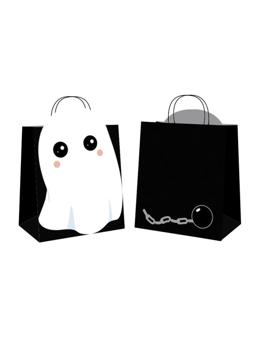 Sacs en papier chasse aux bonbons sweety ghost pour Halloween noirs avec fantôme en relief