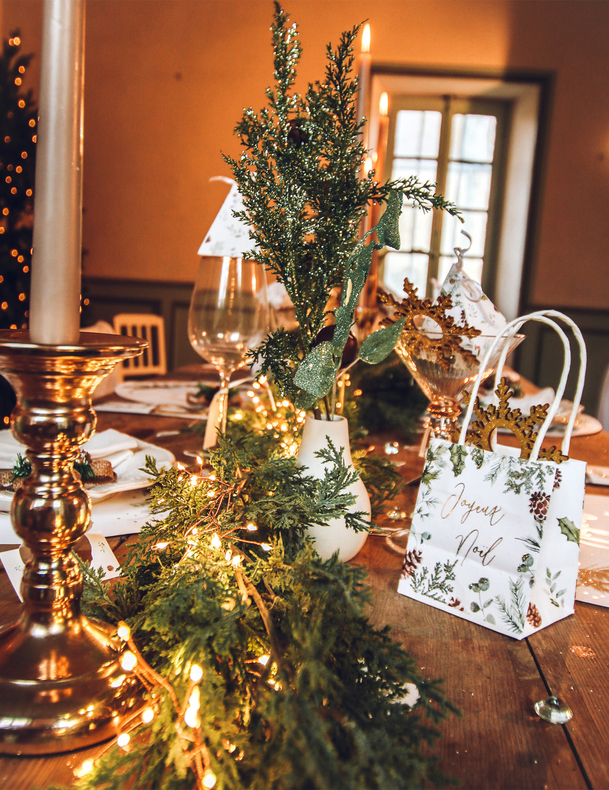 Sac Joyeux Noël forêt enchantée blanc avec motifs végétaux et anses