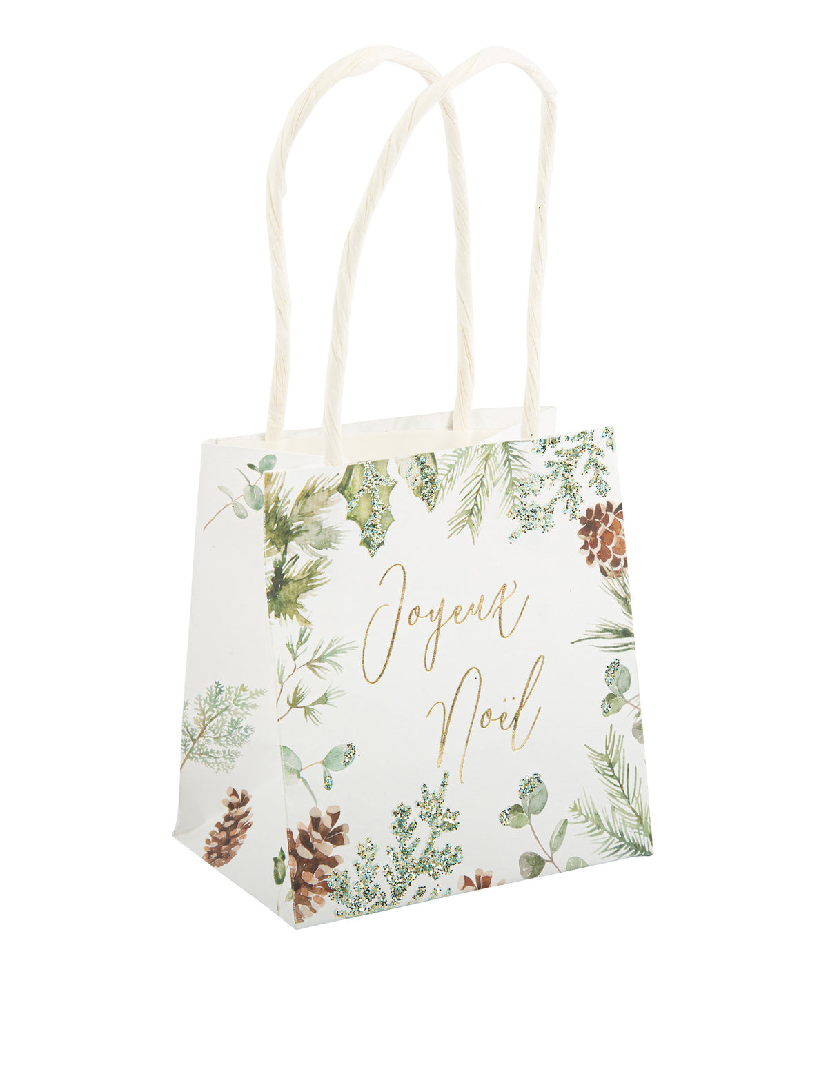 Sac Joyeux Noël forêt enchantée blanc avec anses et motifs de pins pailletés