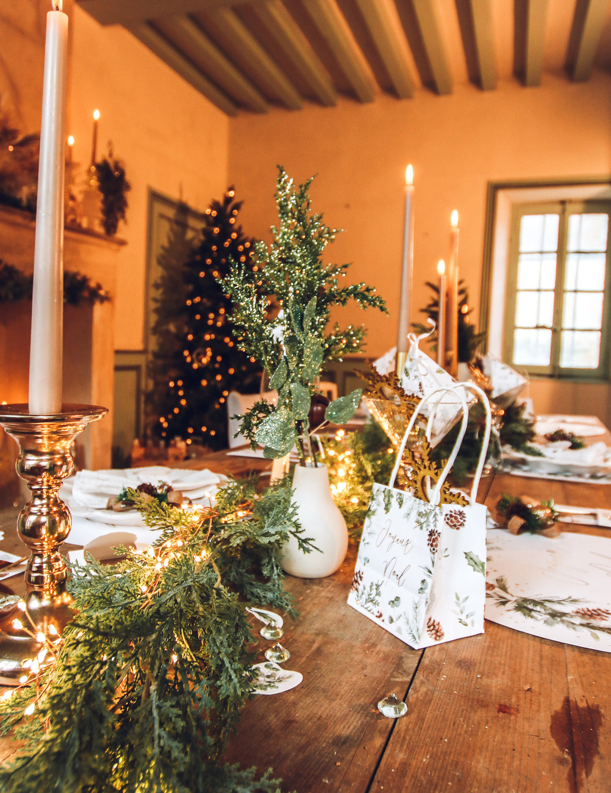 Décoration de table de fête du sac Joyeux Noël forêt enchantée