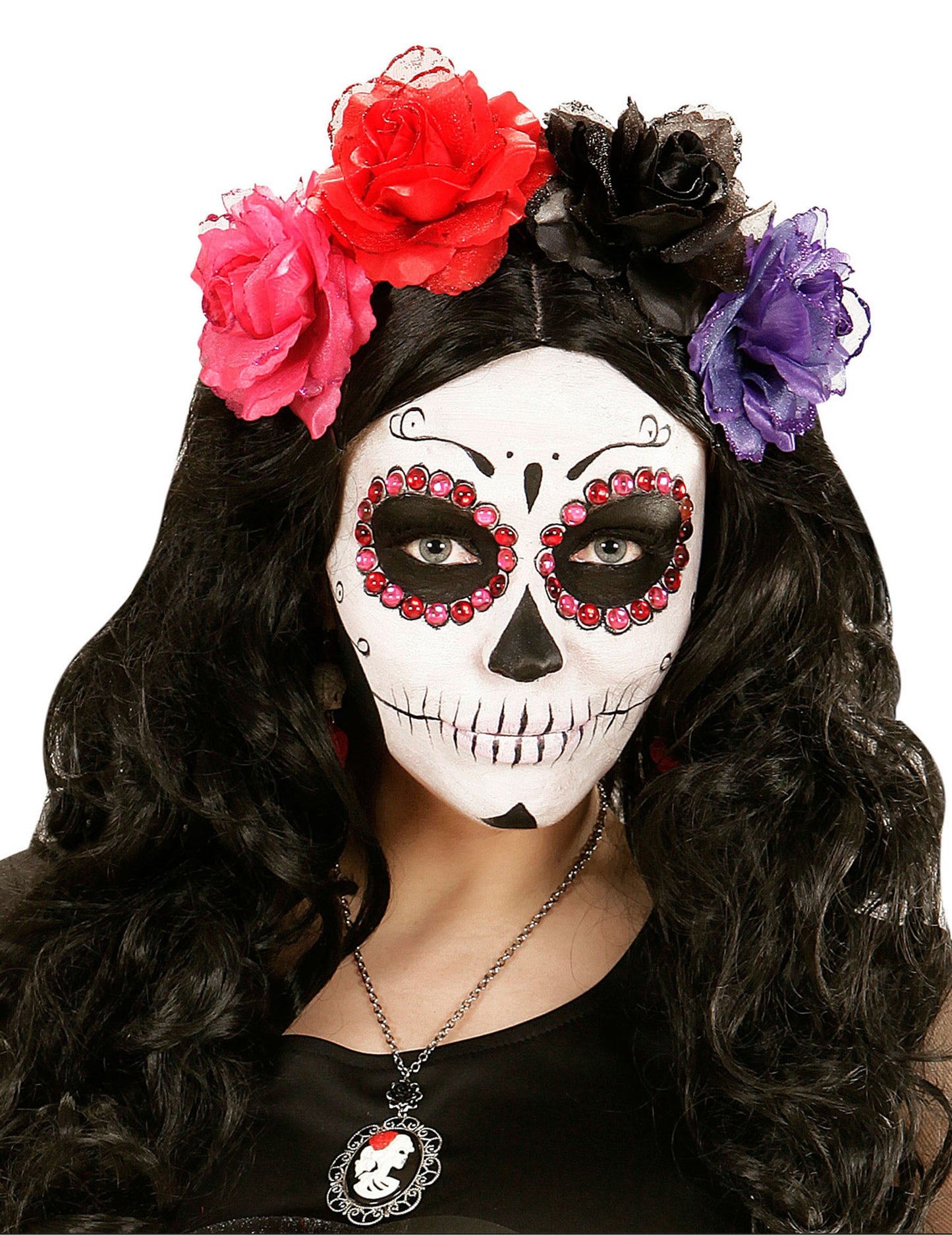Strass Dia de los muertos pour adulte roses et rouges