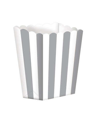 5 srebrno-belih črtastih kartonskih škatel za kokice, 9 x 13 cm za filmski večer