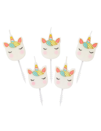 5 bougies d'anniversaire tête de licorne pour enfant blanches aux détails pastel