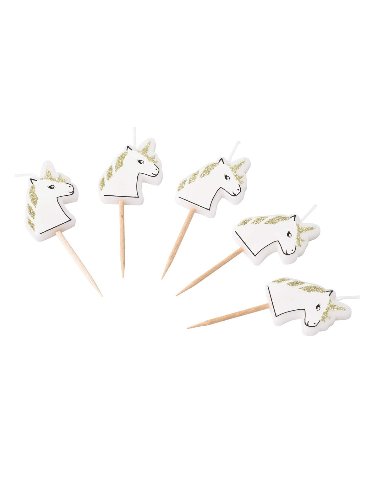Vue d'ensemble du lot de 5 bougies sur pic licorne paillettes champagne