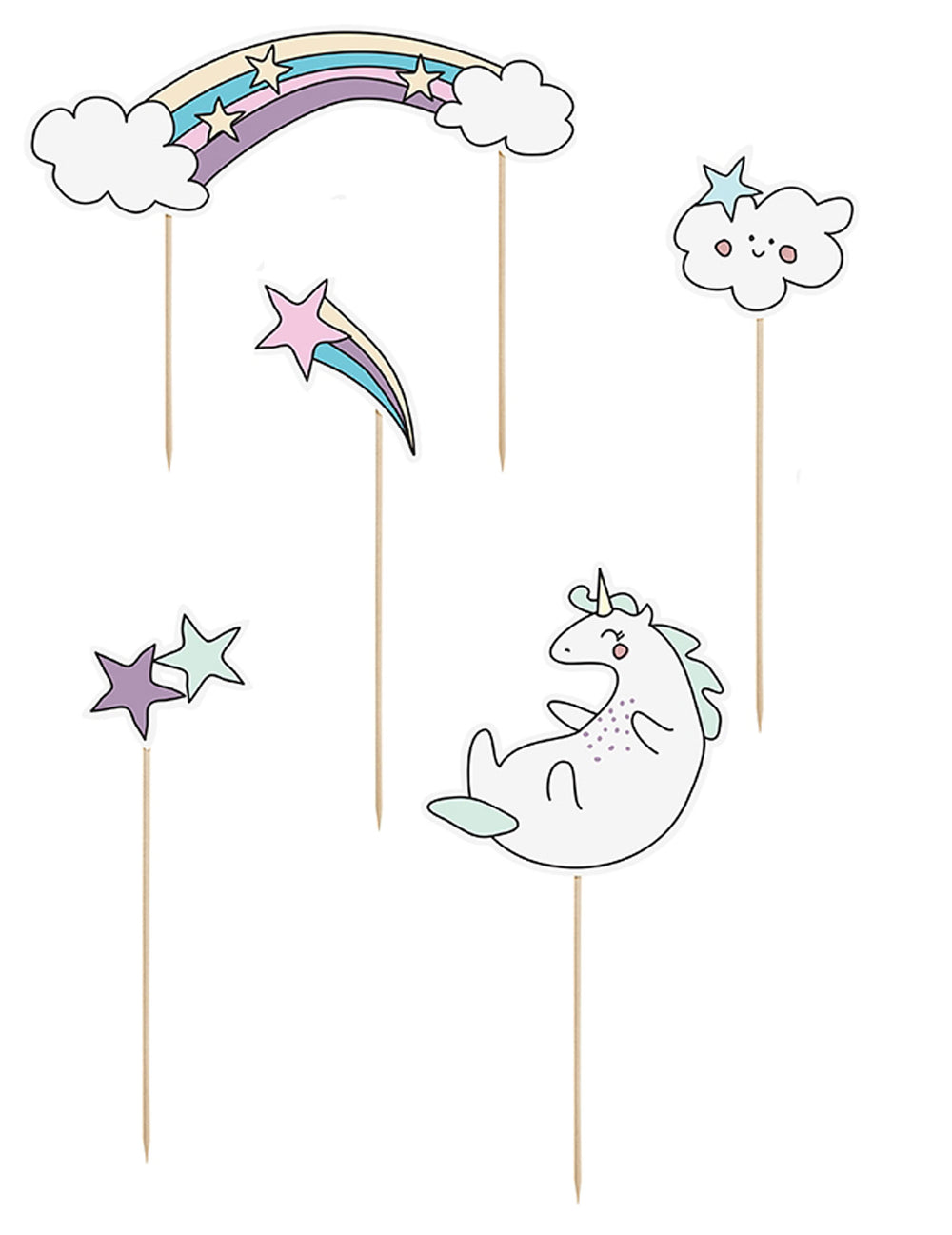 Décorations pour gâteau sur pique licorne et arc-en-ciel pour enfant pastel avec étoiles et nuages