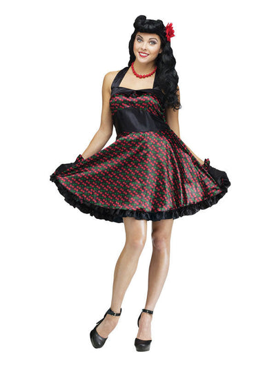 Robe années 50 pour femme noire et rouge à motifs cerises