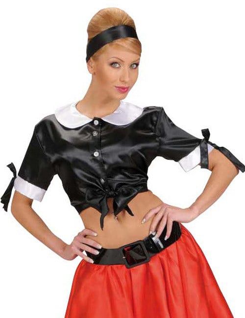 Blouse en satin des années 50 pour femme noire et blanche courte