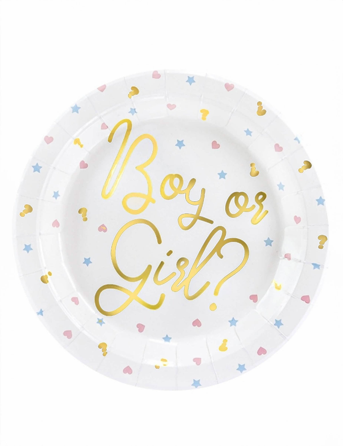 Papirnati krožniki Boy or Girl za baby shower, beli z zlata napisom