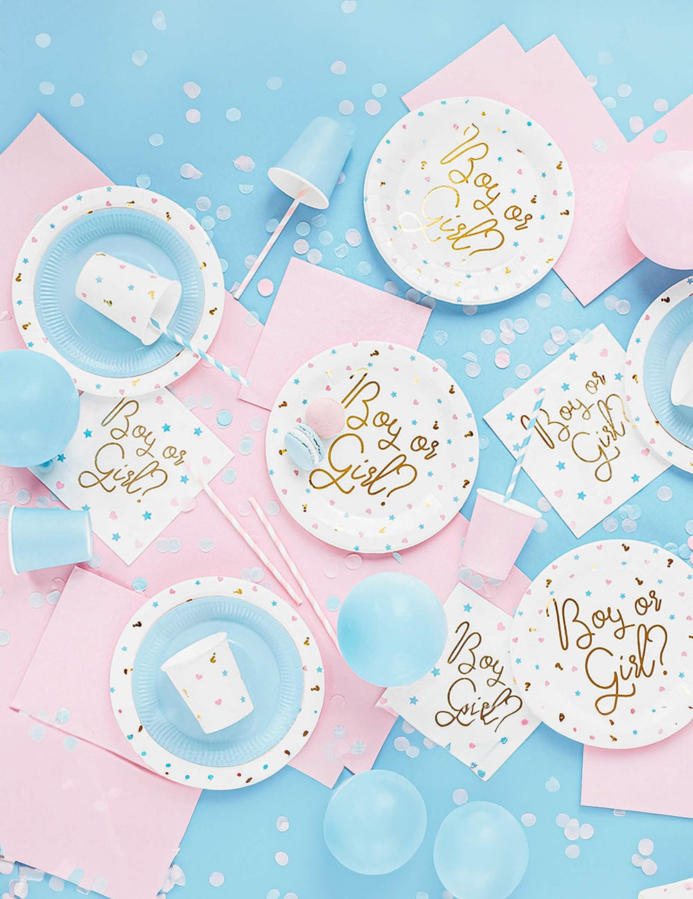 Praznično vzdušje na kartonskih krožnikih Boy or Girl za baby shower