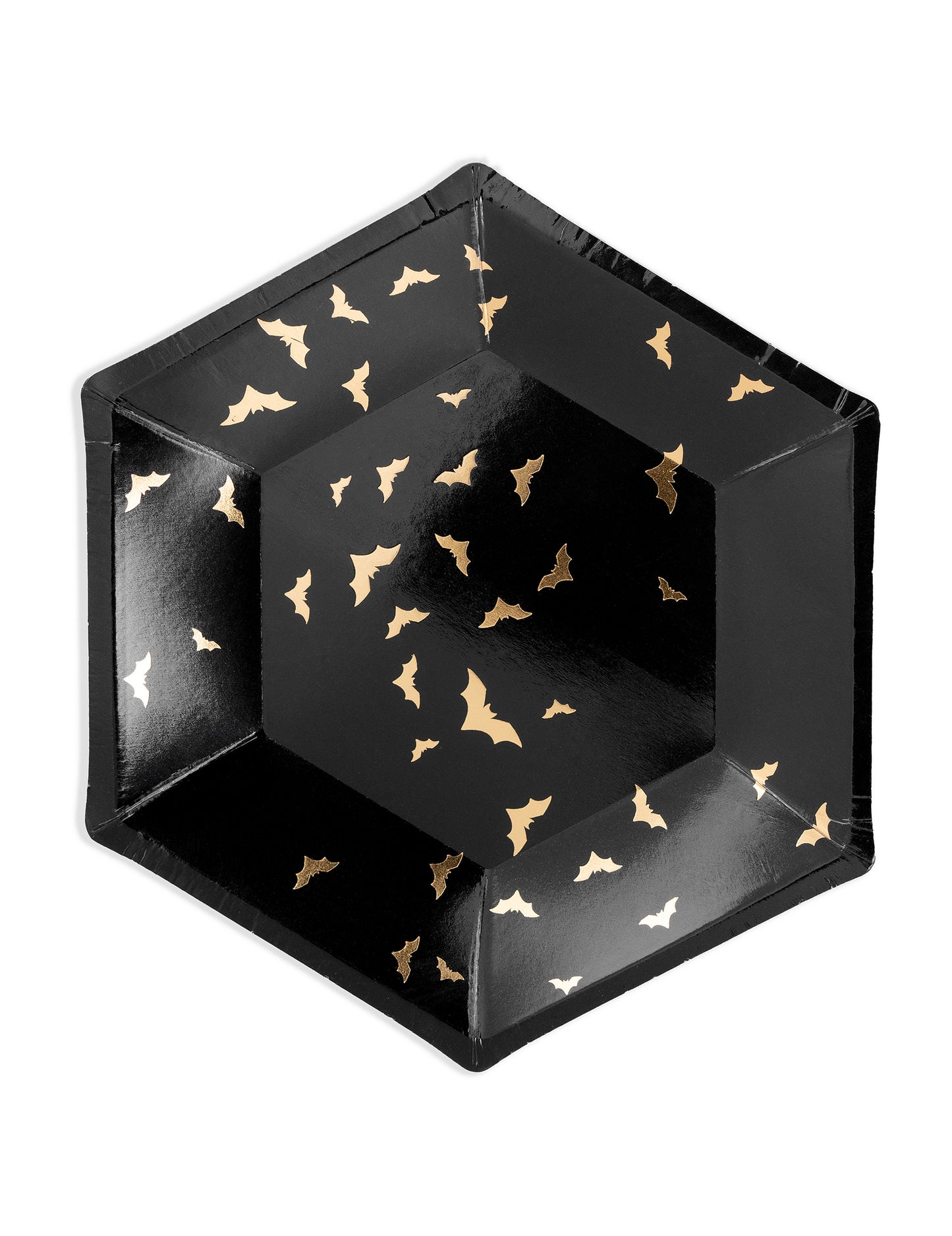 6 črno-zlatih kartonskih krožnikov v obliki netopirjev 20 cm šesterokotno