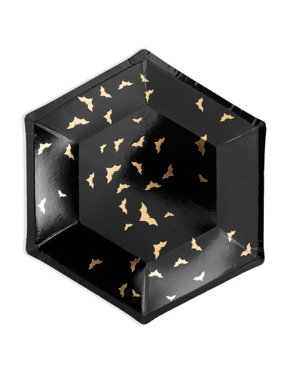 6 črno-zlatih kartonskih krožnikov v obliki netopirjev 20 cm šesterokotno