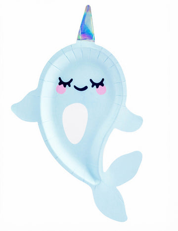 6 modrih kartonskih krožnikov v obliki morskega samoroga narvala, 18,5 x 29 cm